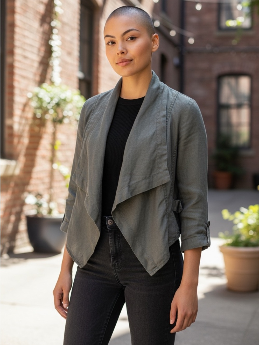 RW&CO. Olive Draped Open-Front Linen-Blend Blazer